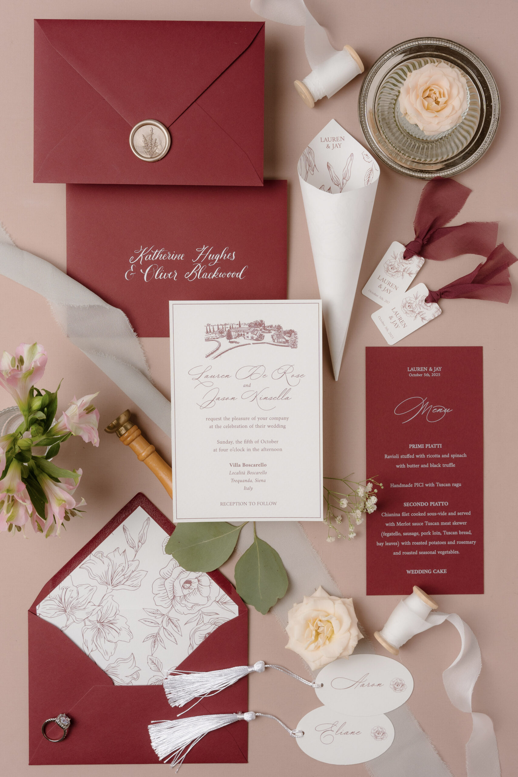 Elegant bespoke burgundy calligraphy wedding stationery