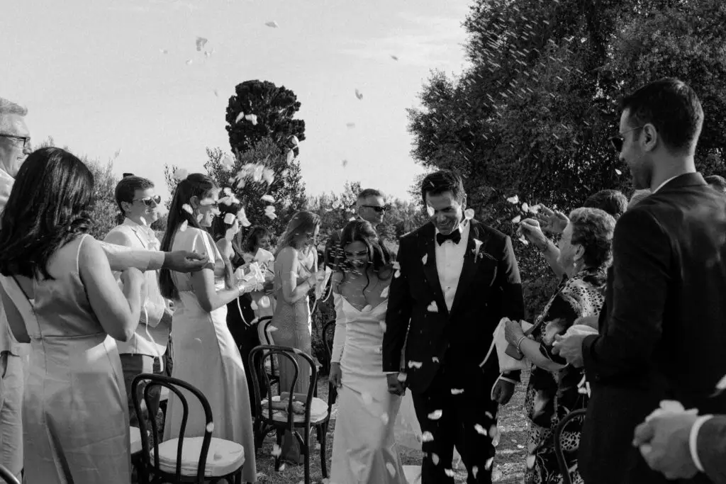 White petal confetti, Italian wedding in Sicily olive grove