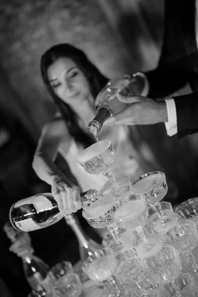 Champagne tower at Villa Carcara, Italian wedding in Sicily
